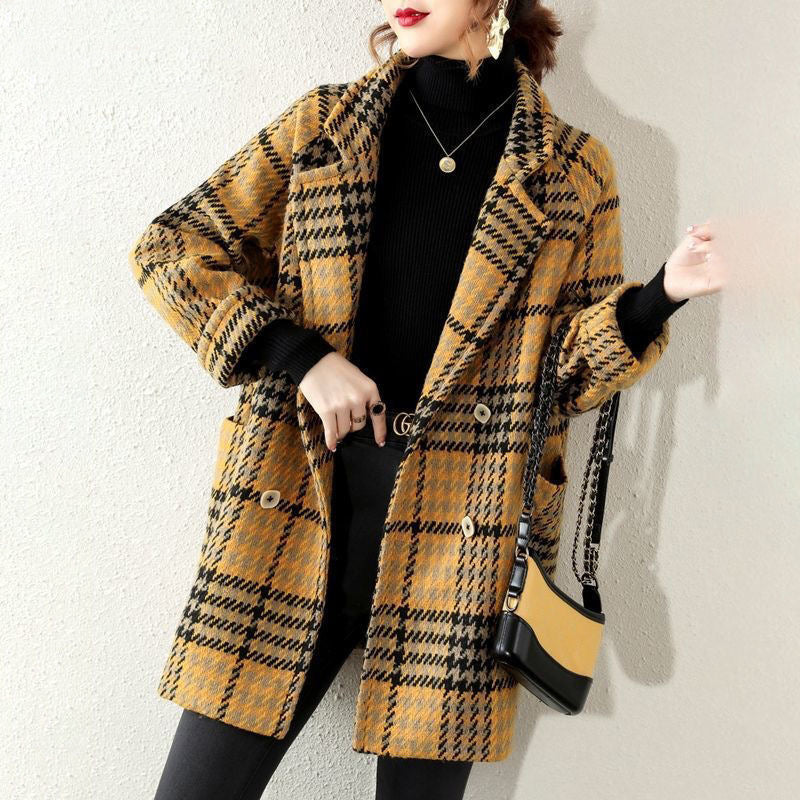 Bohemian Yellow Peter Pan Collar Plaid Coat Winter