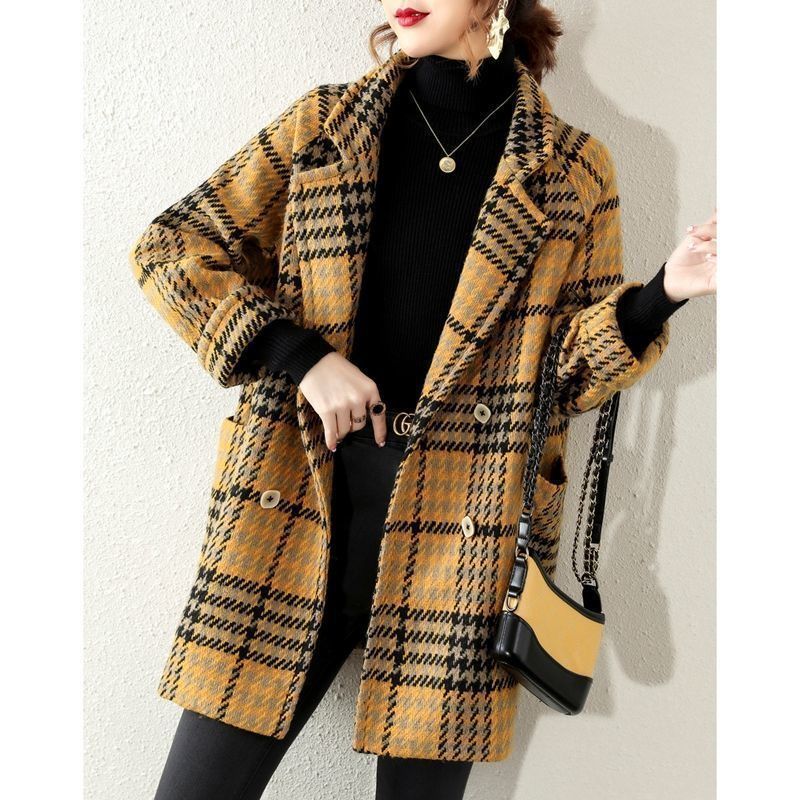 Bohemian Yellow Peter Pan Collar Plaid Coat Winter