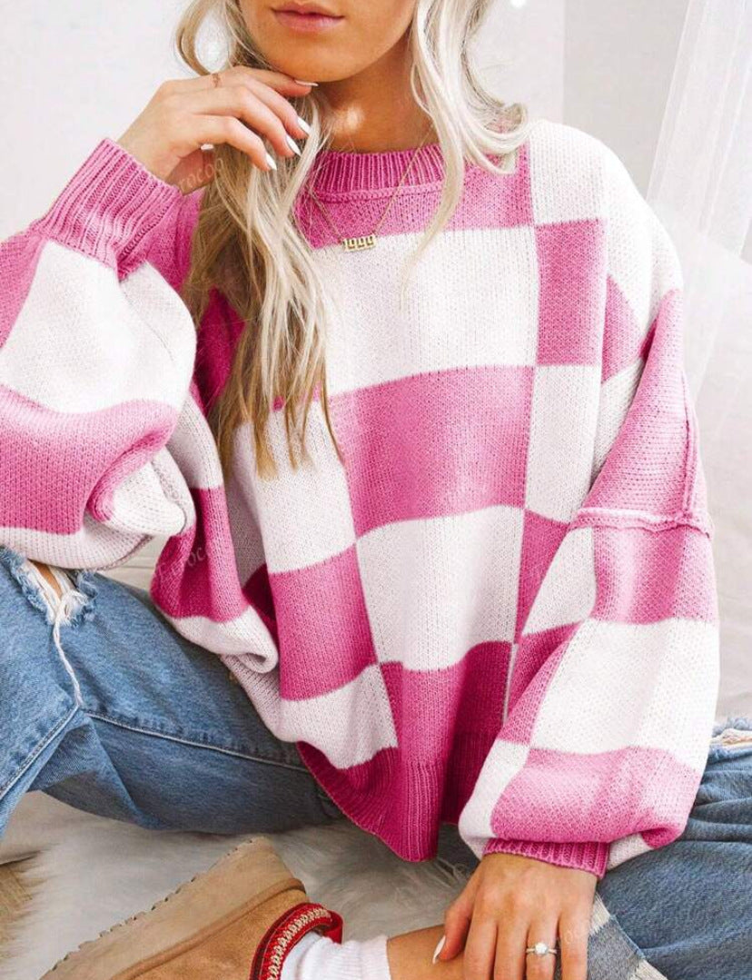 REVERIE™ - Casual Plaid Long Sleeve Round Neck Sweater