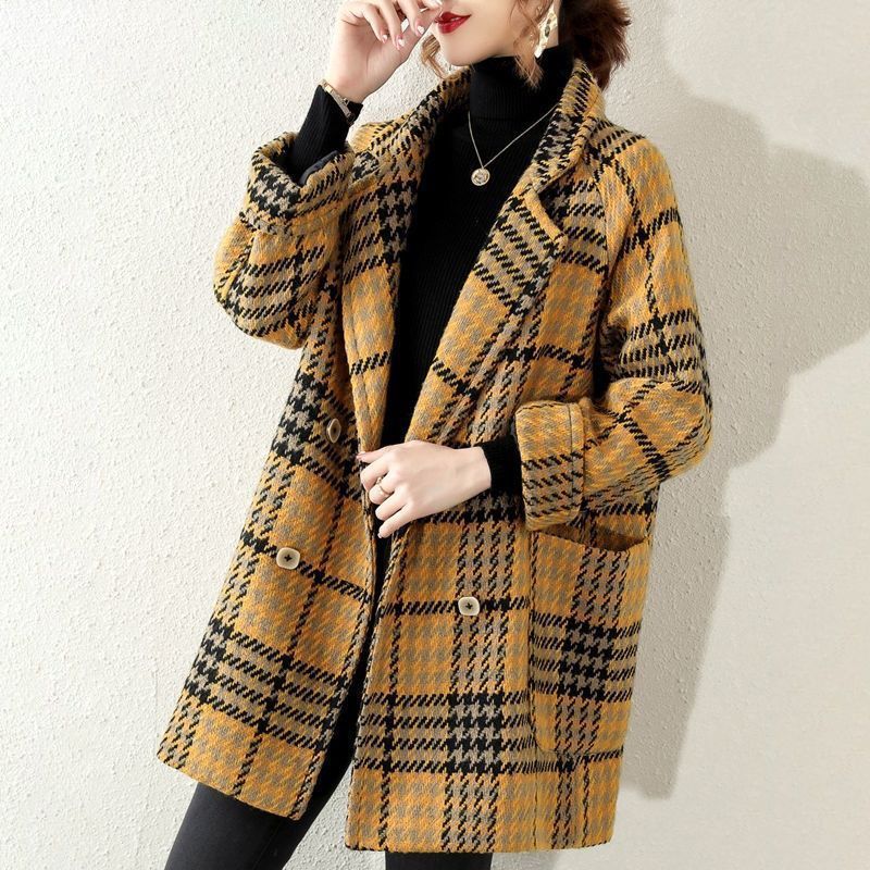 Bohemian Yellow Peter Pan Collar Plaid Coat Winter