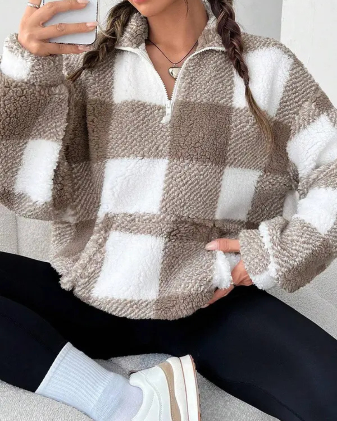 MALDA™ - Chic Plaid Print Half Zip Long Sleeve Sweater