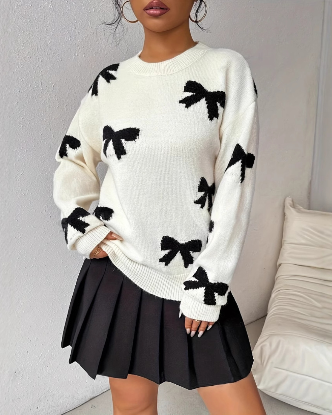 HATA™ - Comfy Bow Print Pullover Sweater